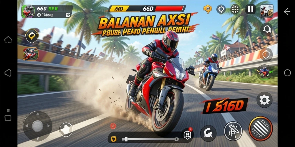 Gameplay seru 66D dengan balapan motor yang kompetitif.