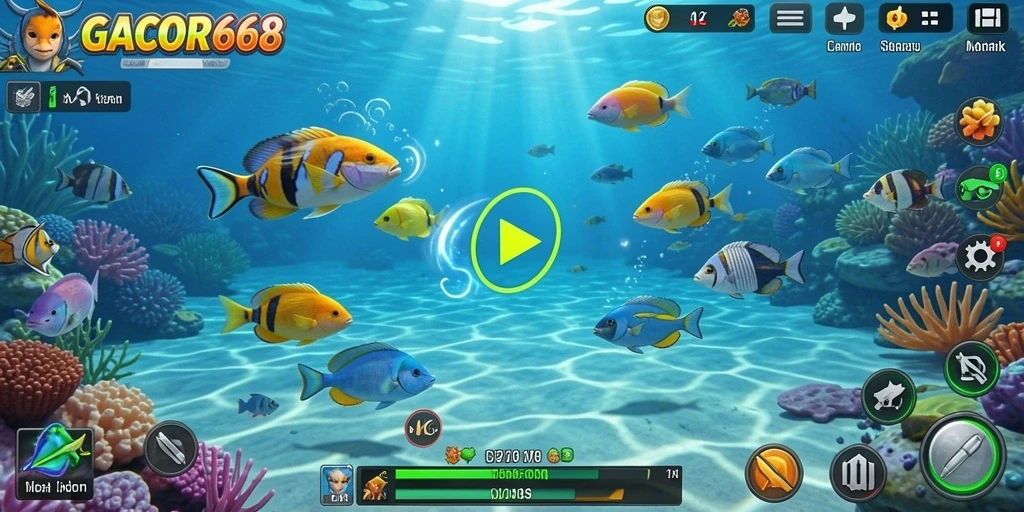 Tampilan gameplay GACOR668 dengan aksi menembak ikan yang menarik.