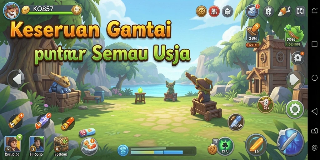 Tampilan gameplay seru KO857 dengan karakter ceria dan level menantang.