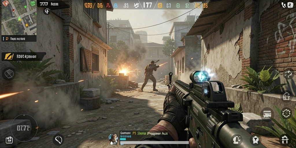 Screenshot gameplay L777 menunjukkan aksi tembak yang intens.