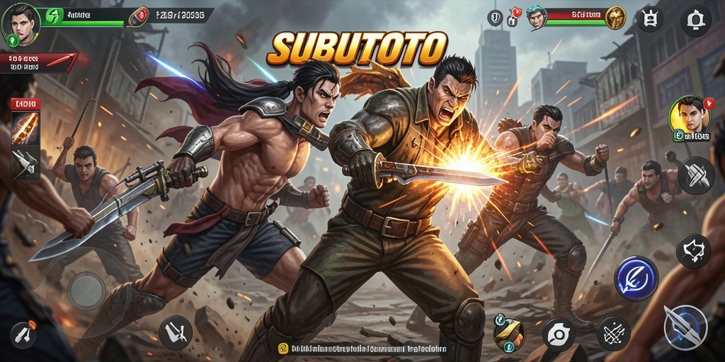 Gambaran intens pertarungan di SUBURTOTO dengan karakter yang beraksi.