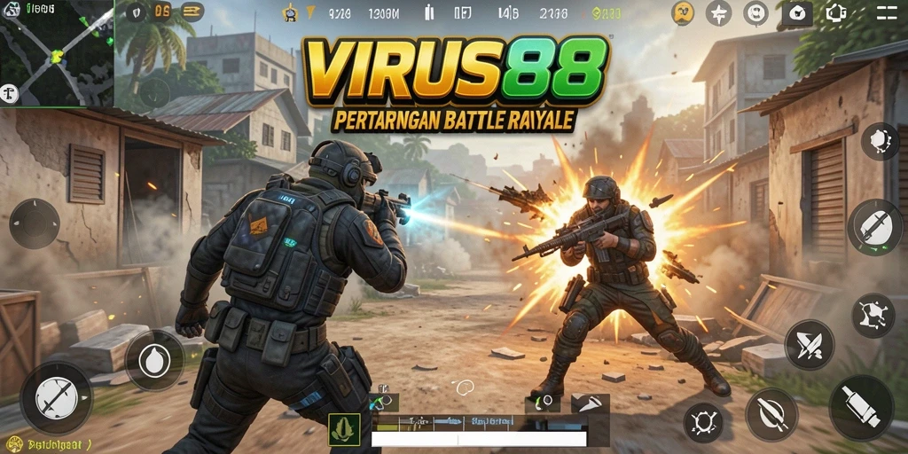 Screenshot gameplay VIRUS88 menampilkan aksi intens dalam pertempuran Battle Royale.