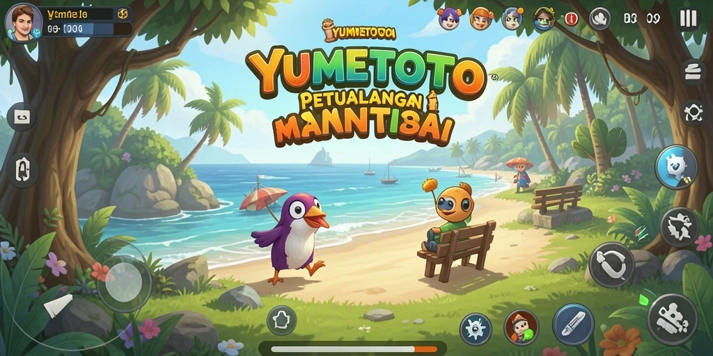 Tangkapan layar YUMETOTO menampilkan karakter lucu dan level yang berwarna-warni.